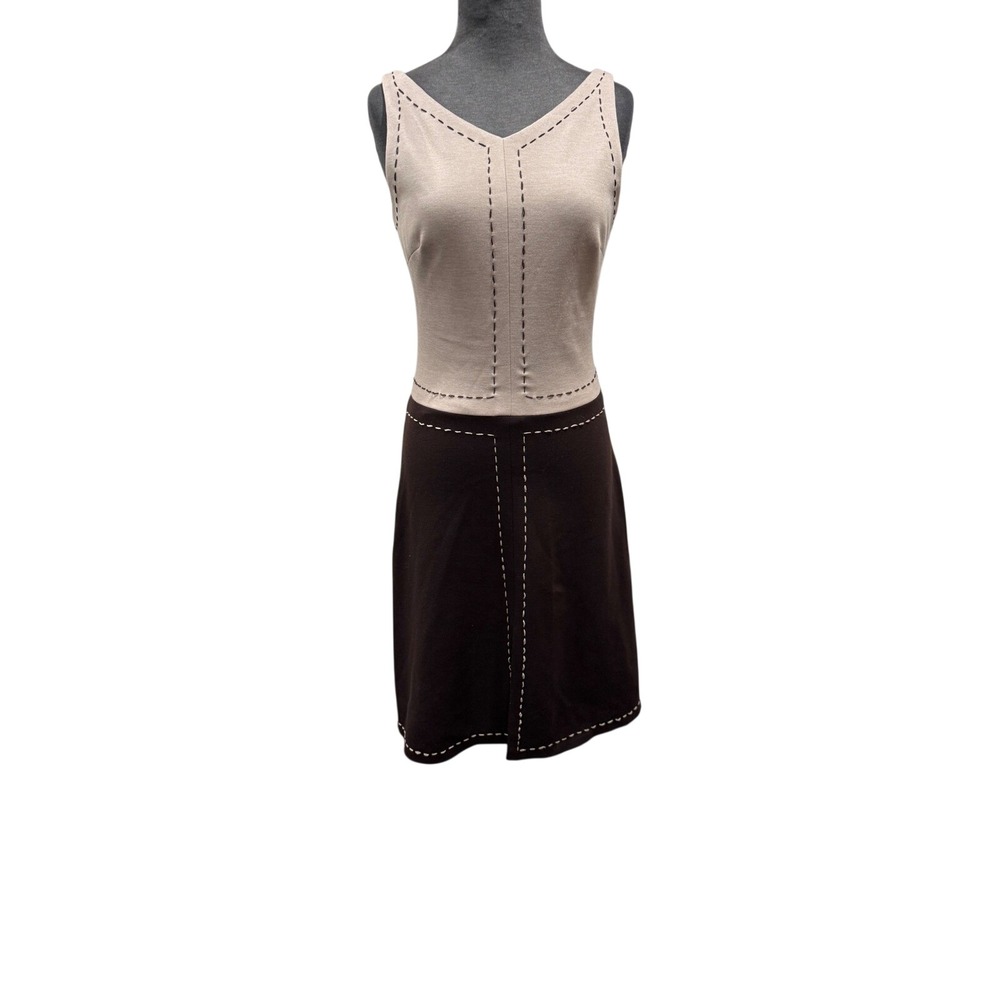 BCBGMAXAZRIA Womens Beige Brown Contrast Whipstitch‎ Sleeveless V-Neck Dress